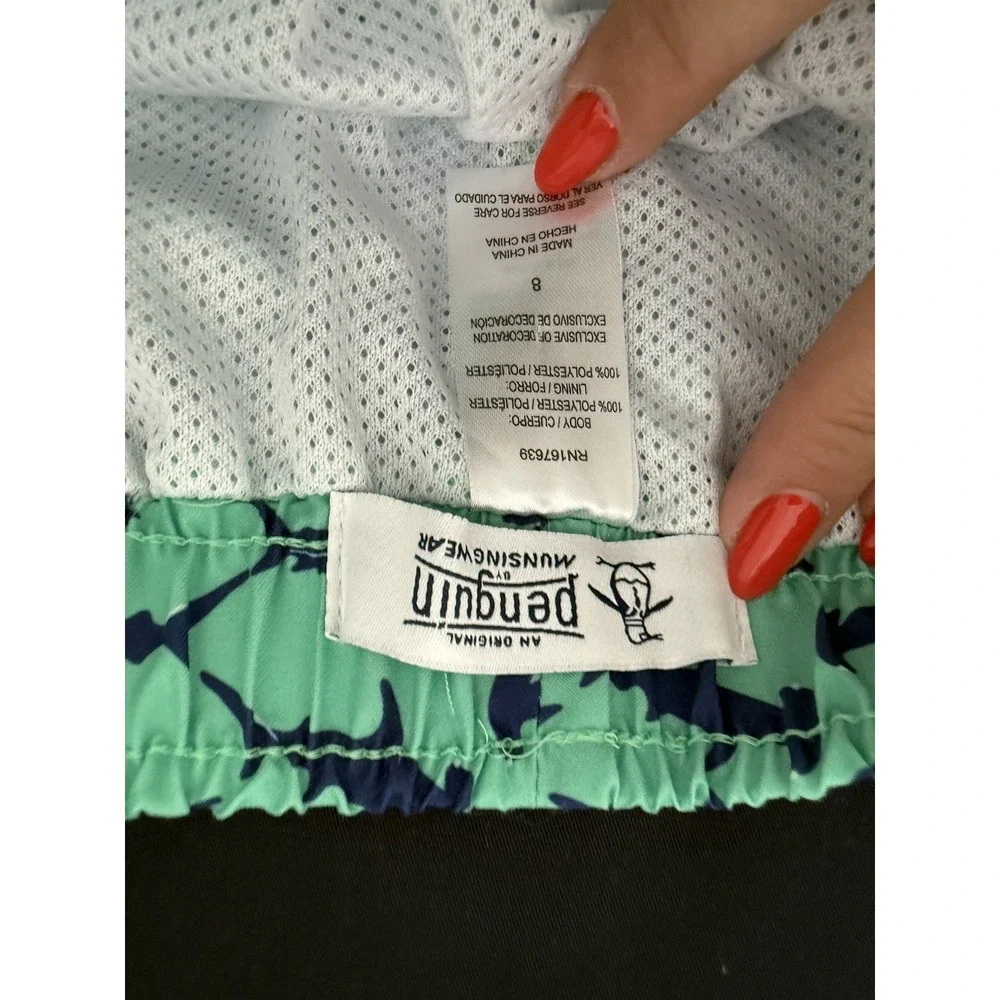 Original Penguin Boys Shark Print Swim Trunks‎ – Size 8 – Green Blue – Lined